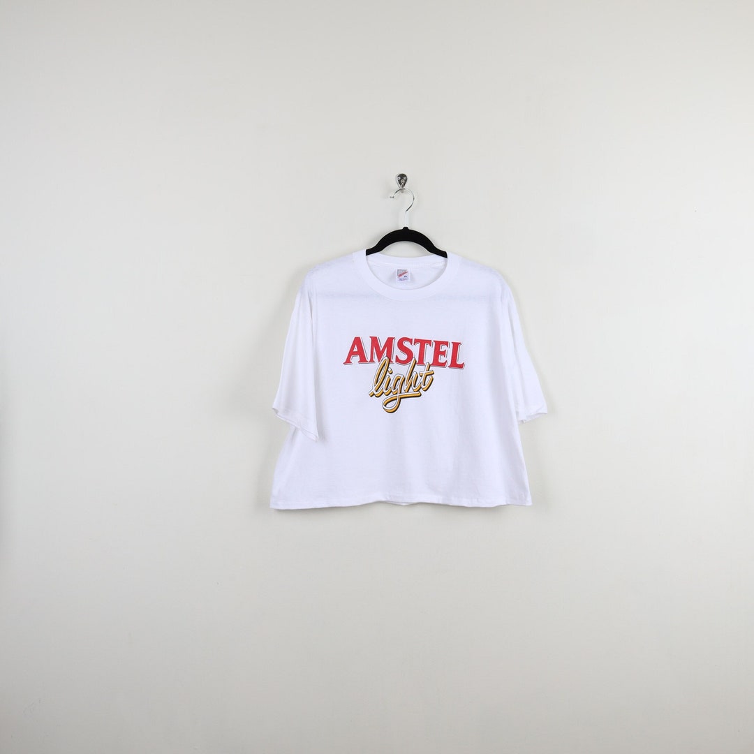 Vintage 90s Amstel Light Dutch Beer White Graphic Print Cropped Tee
