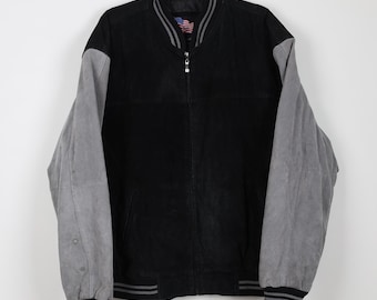 Vintage 90s USA Leather Suede Black & Gray Varsity Bomber Jacket Zip Up Chalk Line Striped Detail Athletic Bomber Jacket Size XL