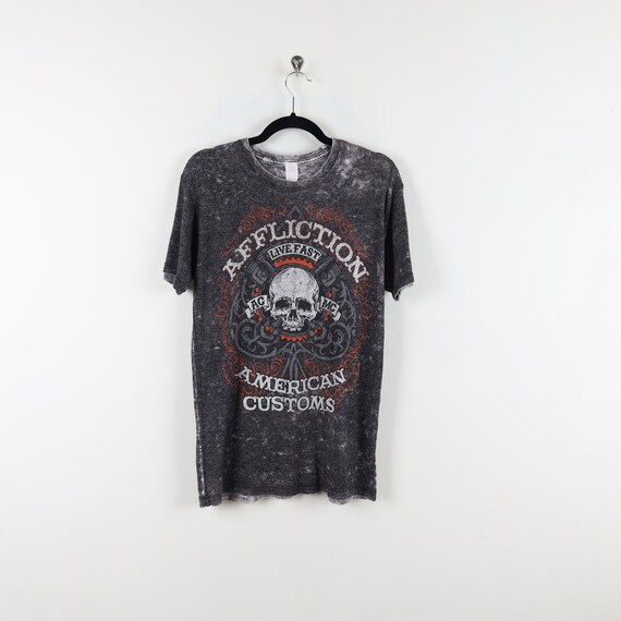 Vintage Y2K Black Bleach Dye Affliction Skull Live Fast ACMC American Customs 1973 Graphic Tee Tie Dye Gothic Goth TShirt Size Medium