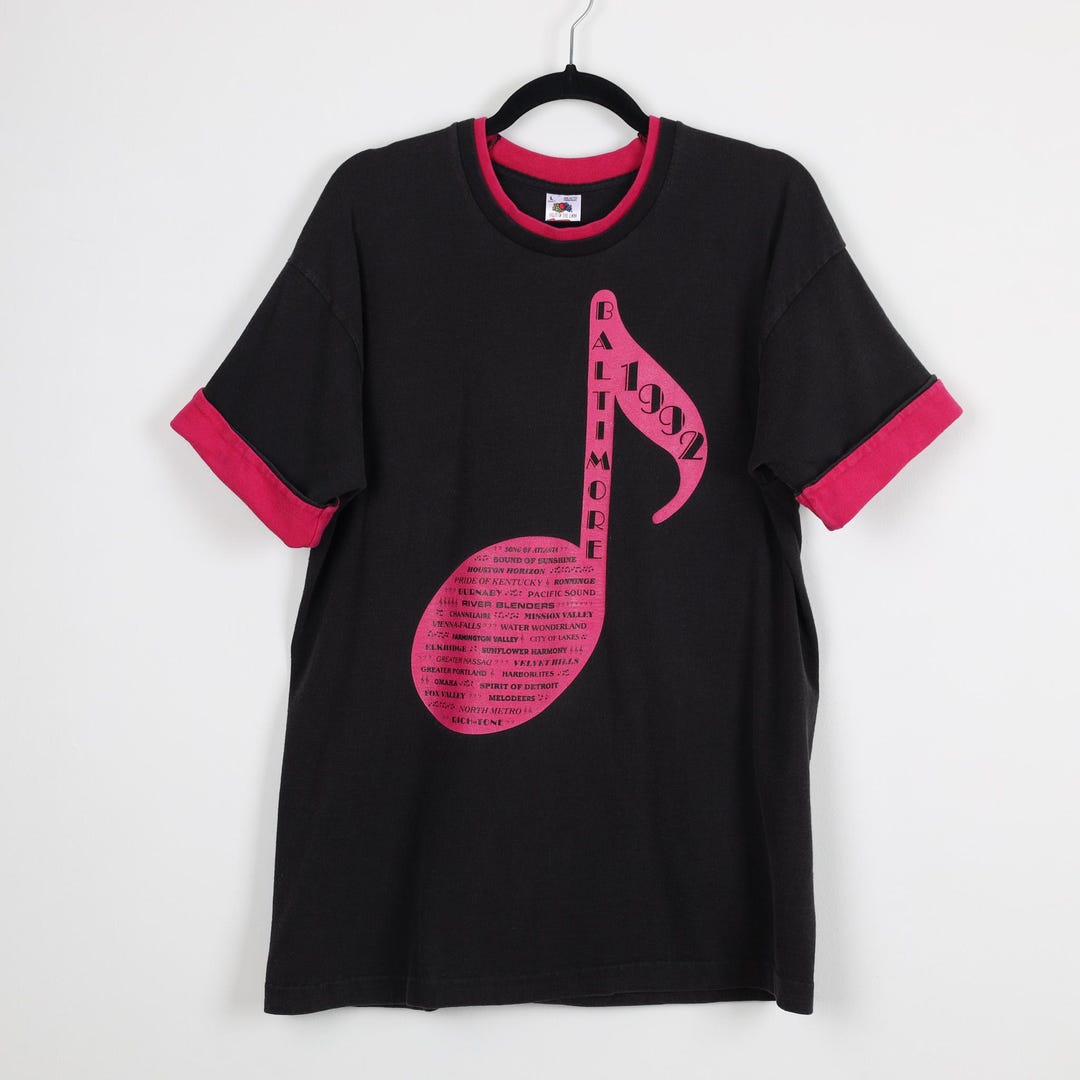 90 Musical Note Vintage 90s Baltimore 1992 Musical Note Black Graphic Print Tee Ringer ...