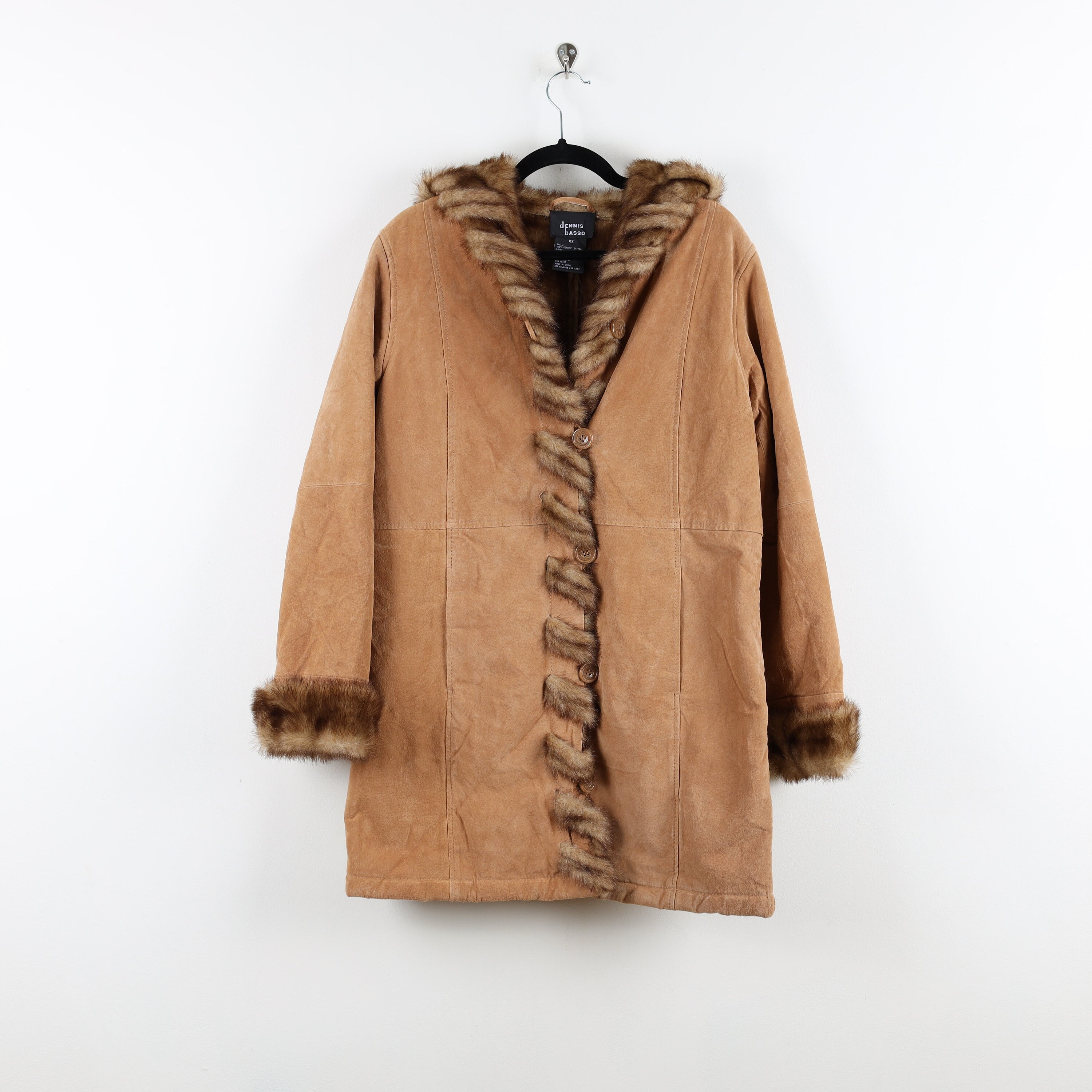 Vintage 90s Tan Brown Suede Faux Fur Leather Long Winter