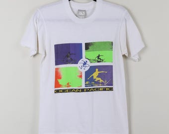 Vintage 90s OP Ocean Pacific Surf Surfing White Graphic Print Tee Single Stitch Beach Ocean Waves Sports Surfer T-shirt Size Small