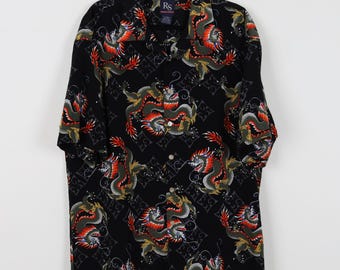 Vintage 90s Ringo Sport Black Dragons Animals Print Pattern Short Sleeve Shirt Button Down Chinese China Dragon Animal Shirt Size XL