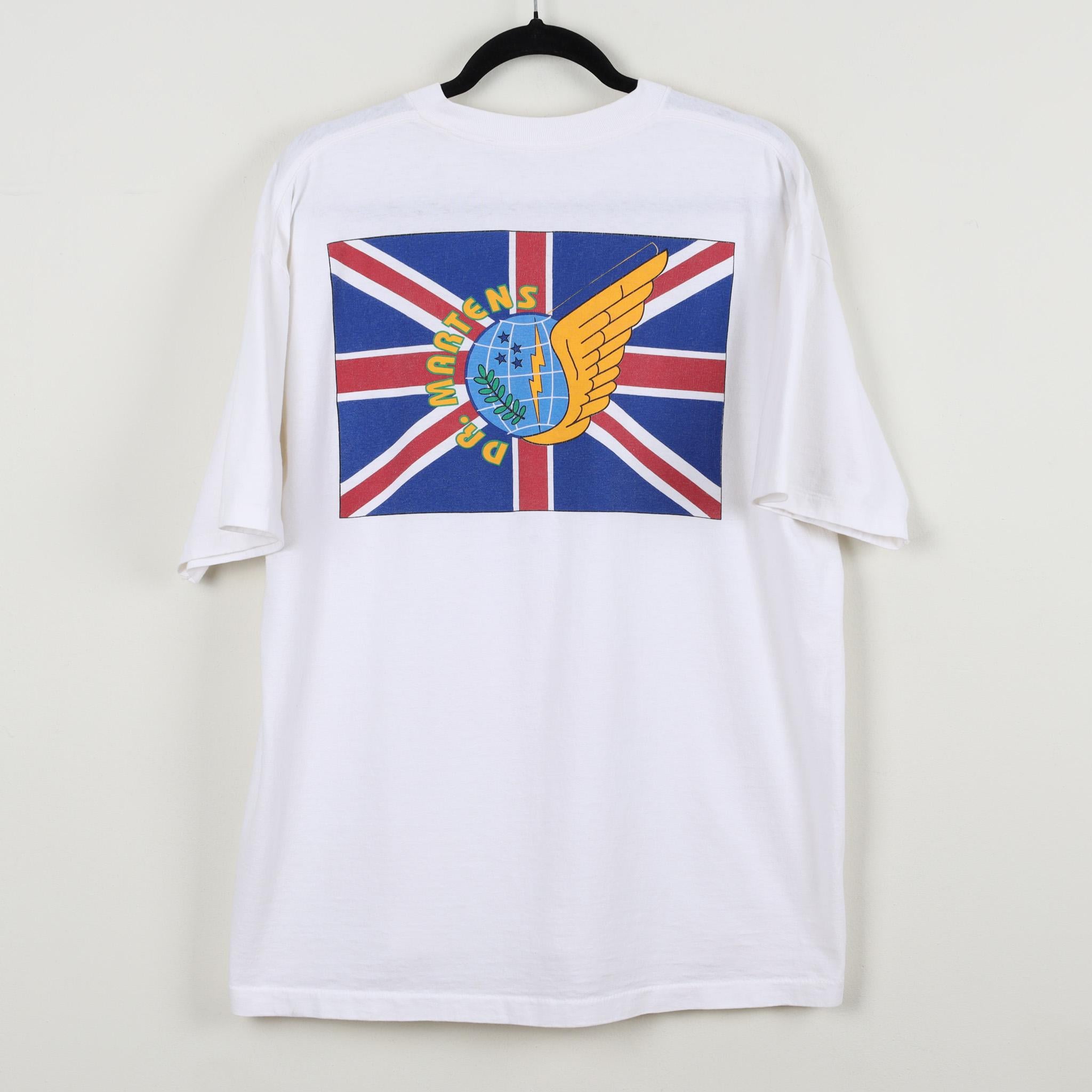 Dr. Martens, Vintage 90s Skechers Dr. Martens Shoes Brand White Graphic Print Tee Union Jack Flag with a Winged Globe Logo T-Shirt Size Large
