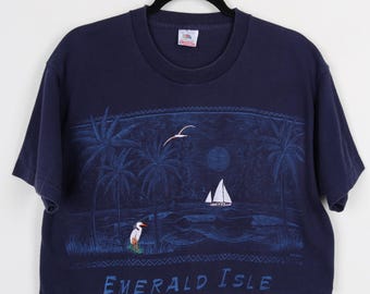 Camiseta corta con gráfico vintage azul marino Emerald Isle de los años 90, velero, gaviotas, costura simple, reinterpretada, estilo playa, talla L