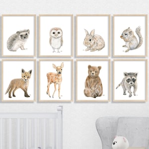 Woodland Nursery Decor Woodland Nursery Prints Set 8 Baby Woodland Animal Nursery Wall Art Bear Deer Fox Bunny Raccoon Owl Hedgehog Squirrel image 1