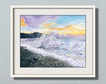 Sunset Beach Wave Ocean Art Print. Ocean Wave Art Ocean Sunset Art Ocean Painting Sunset Painting Ocean Watercolor Sunset Beach Art Sea Art.