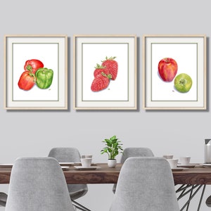 Kitchen Art Kitchen Painting Kitchen Print Kitchen Watercolor Kitchen Fruit Prints Vegetable Wall Art Strawberries Peppers Apples Set of 3. image 1