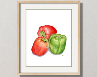 Pepper Art Bell Pepper Painting Red Pepper Print. Green Pepper Watercolor Bell Pepper Kitchen Art Vegetable Art Vegetable Wall Decor Print