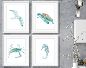 Coastal Decor Coastal Wall Art Coastal Art Prints, Beach Prints Beach Decor Ocean Art Sea Life Art Blue Crab Sea Turtle Seagull Seahorse 4