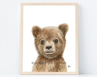 Bear Art Portrait Bear Print, Bear Painting Baby Bear Cub Watercolor, Bear Nursery Art Bedroom Wall Art, Original Bear Watercolor Art Print.
