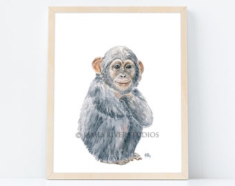 Monkey Art Monkey Painting Monkey Print Monkey Watercolor Painting Jungle Nursery Art Monkey Nursery Art Baby Monkey Chimp Safari Animal Art