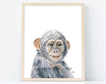 Monkey Art Portrait Monkey Print, Monkey Painting Baby Monkey Watercolor, Monkey Nursery Neutral Nursery, Monkey Wall Art Decor Print