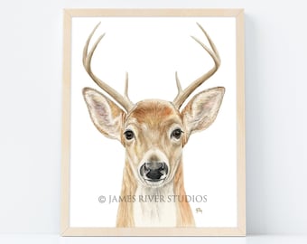 Deer Art Portrait Buck Print, Deer Painting Baby Deer Watercolor, Deer Nursery Art Bedroom Wall Art, Original Buck Deer Watercolor Art Print