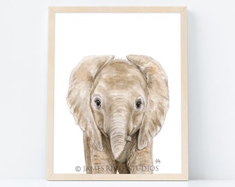 Elephant Art Portrait Elephant Print Elephant Painting Baby Elephant Watercolor Elephant Nursery Boy Room Girl Room Elephant Wall Art Decor