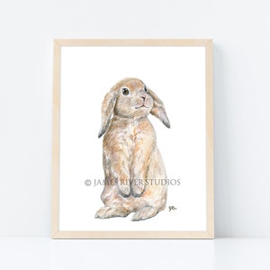 May include: A watercolor painting of a brown and white rabbit with floppy ears, sitting up on its hind legs. The rabbit is looking up with a curious expression. The painting is on a white background with the text "JAMES RIVER STUDIOS" and "gb." in the bottom right corner.