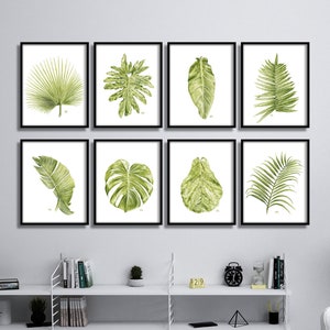 Tropical Leaf Prints Leaf Art Leaf Painting Green Leaf Wall Art Leaf Watercolor Leaf Wall Decor Palm Fern Banana Fig Monstera Print Set of 8