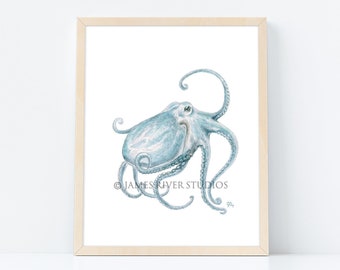 Octopus Art Octopus Wall Art Octopus Print Octopus Wall Decor Octopus Watercolor Octopus Painting Blue Octopus Art Nautical Coastal Sea Art.