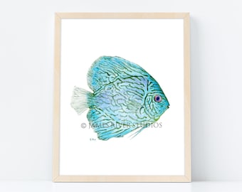 Art bleu de poissons tropicaux, peinture de poissons tropicaux, impression de poissons bleus. Peinture à l'aquarelle de poisson, art vivant côtier bleu, maison de plage moderne, impression d'art