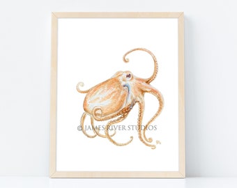 Octopus Art Octopus Print Octopus Wall Art Octopus Decor Octopus Watercolor Octopus Painting Sandy Octopus Art Nautical Coastal Sea Art.