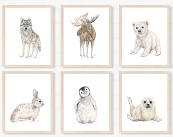 Arctic Nursery Prints Polar Nursery Art, Neutral Nursery Decor Arctic Animal Watercolor, Polar Bear Penguin Seal Bunny Wolf Moose Set of 6.