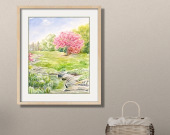 Cherry Tree Painting Cherry Tree Watercolor Landscape Watercolor Pink Cherry Blossom Print. Spring Meadow Stream Brook Creek Woodland Print.