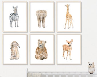Baby Animal Nursery Decor Print Set of 6, Pick your Favorite Original Watercolor Animals, Woodland Safari Jungle Farm & Arctic Themes