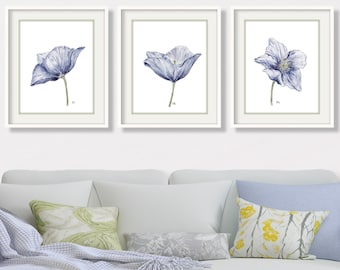Flower Watercolor Paintings Modern Flower Art Minimalist Flower Prints Blue Flower Painting Floral Wall Art Floral Wall Decor Poppy Set of 3