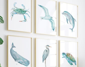 Coastal Watercolor Print Set, Beach House Wall Art, Set of 6