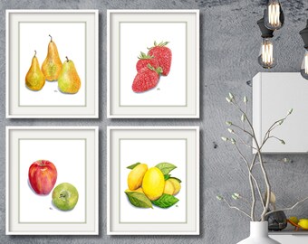 Fruit Prints Fruit Art Fruit Watercolors Kitchen Paintings Kitchen Art Kitchen Decor Dining Art Apples Lemons Pears Strawberries Set of 4.