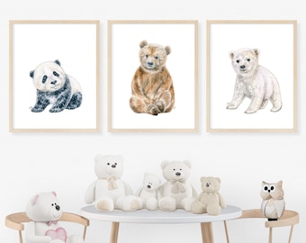 Bear Nursery Decor Teddy Bear Nursery Art Bear Nursery Prints Brown Bear Art Polar Bear Wall Art Panda Bear Neutral Nursery Art Three Bears.
