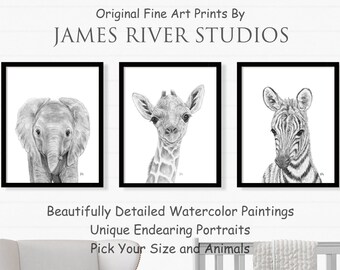 Black White Nursery Prints Safari Nursery Art, Neutral Nursery Decor Gray Nursery Jungle Wall Art, Elephant Giraffe Zebra Portraits Set of 3