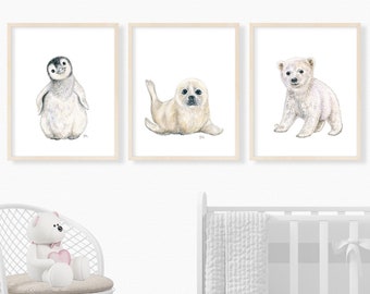 Neutral Nursery Art Arctic Nursery Decor Polar Bear Nursery Wall Art Penguin Nursery Print Baby Seal Nursery Gender Neutral Black White 3