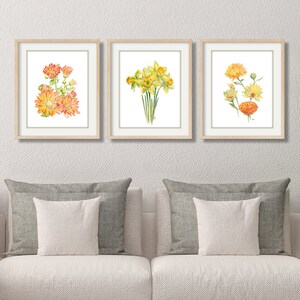 Yellow Flower Painting Flower Watercolor Flower Print Yellow Floral Painting Floral Watercolor Floral Prints Daffodil Coreopsis Mum Set of 3 image 1