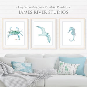 Coastal Art Ocean Prints Set of 3 Unframed, Beach Watercolors Sea Life Paintings Nautical Decor, Blue Crab Seagull Seahorse Coastal Set of 3