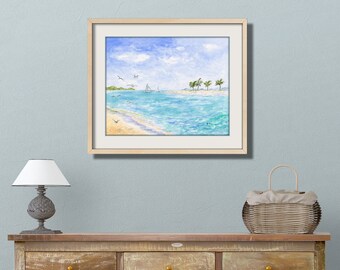 Sailing Beach Painting Beach Art Print. Tropical Beach Watercolor Painting Ocean Painting Seashore Art Island Art Seabird Sailing Art Print.