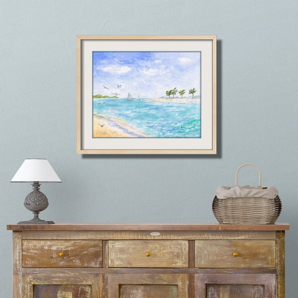 Impresión de arte de playa de pintura de playa de vela. Pintura de acuarela de playa tropical, pintura del océano, arte de la costa, arte de la isla, impresión de arte de navegación de aves marinas.