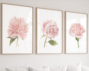 Flower Prints Set 3 Floral Prints, Pink Flower Art Floral Wall Art Flower Home Decor, Pink Watercolor Flower Paintings, Rose Peony Carnation