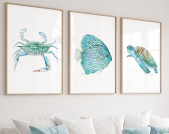 Beach Decor Ocean Prints, Ocean Decor Sea Art, Coastal Decor Sea Decor, Nautical Wall Art Tropical Paintings Blue Crab Turtle Fish Set 3