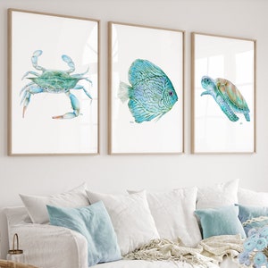 Beach Decor Ocean Prints, Ocean Decor Sea Art, Coastal Decor Sea Decor, Nautical Wall Art Tropical Paintings Blue Crab Turtle Fish Set 3