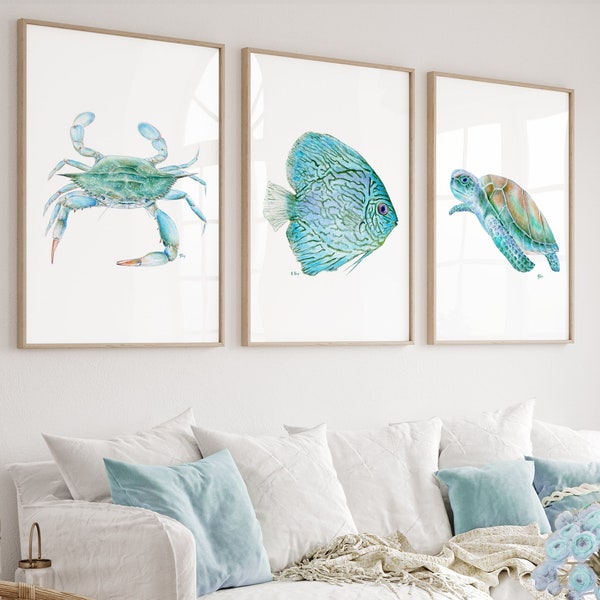 Beach Decor Ocean Prints, Ocean Decor Sea Art, Coastal Decor Sea Decor, Nautical Wall Art Tropical Paintings Blue Crab Turtle Fish Set 3