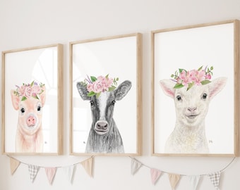 Farm Nursery Prints Farm Nursery Decor, Farm Nursery Wall Art Farm Animal Nursery Art, Farm Baby Animal Nursery Flower Crown Prints Set of 3