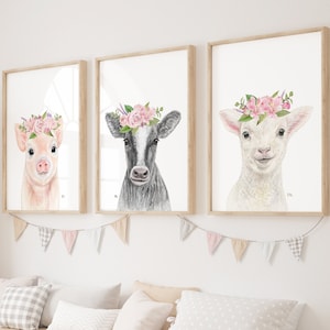 Farm Nursery Prints Farm Nursery Decor, Farm Nursery Wall Art Farm Animal Nursery Art, Farm Baby Animal Nursery Flower Crown Prints Set of 3