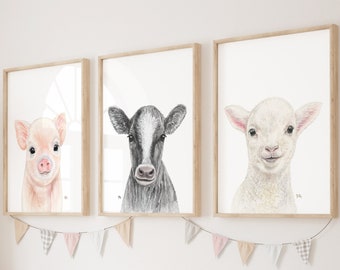 Farm Nursery Decor Farm Nursery Prints, Farm Nursery Wall Art Farm Nursery Art, Farm Baby Animal Nursery Cow Lamb Pig Farmhouse Art Set 3.