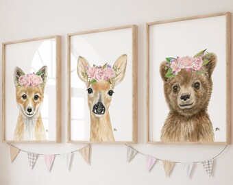 Decoración del vivero del bosque, impresiones del vivero del bosque, impresiones de animales del bebé del bosque arte de la pared del vivero de animales, impresiones de la corona de la flor del animal del bosque 3