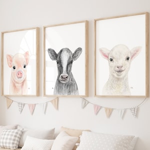 Farm Nursery Decor Farm Nursery Prints, Farm Nursery Wall Art Farm Nursery Art, Farm Baby Animal Nursery Cow Lamb Pig Farmhouse Art Set 3.