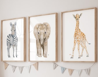 Safari Nursery Prints Safari Nursery Art, Safari Nursery Decor Jungle Nursery Wall Art, Baby Animal Nursery Elephant Giraffe Zebra Set of 3.