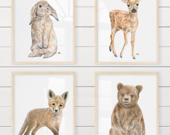 Woodland Animal Watercolor Nursery Prints: Forest Decor. Pick Your Set of 4.