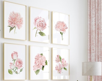 Flower Prints Set of 6 Floral Print Set, Flower Watercolor Flower Painting Floral Painting Flower Wall Art Original Pink Flower Art Prints.