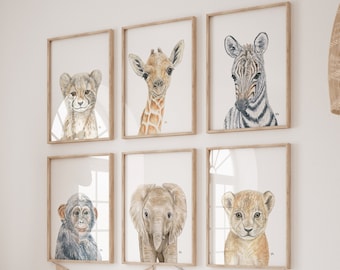 Safari Nursery Decor, Safari Nursery Prints, Baby Animal Prints for Nursery, Nursery Wall Art, Safari Animals Nursery Art, Set of 6 Prints